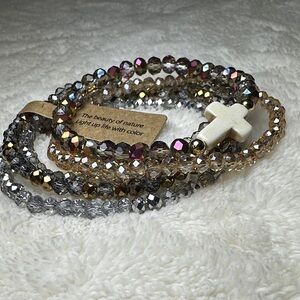 Beaded Bracelet Set of 5 Neutral & Iridescent Earth Tones with a Cross Charm NWT